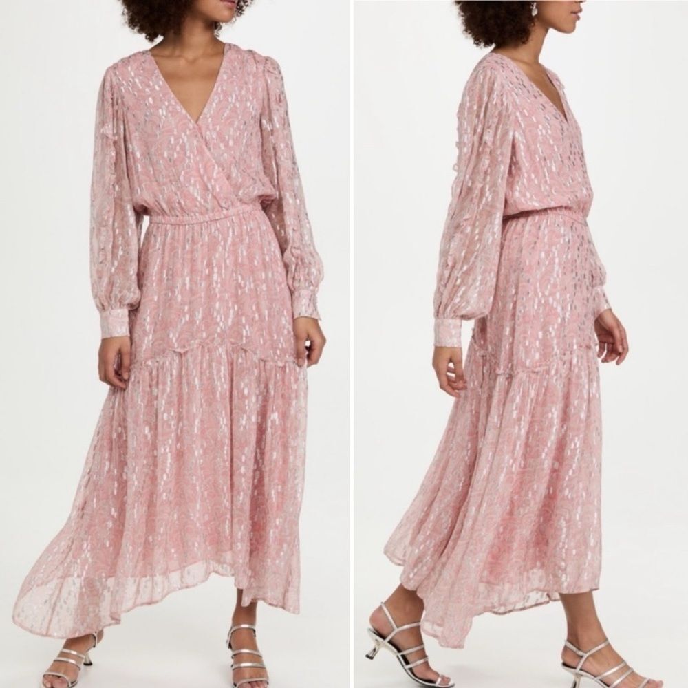 Ramy Brook Ora Metallic Print Maxi Dress Soft Pink Silver Size Small Long Sleeve